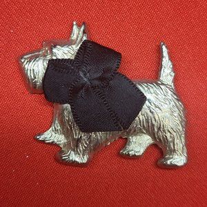 Vintage Dapper Terrier Silver Tone Scotty Dog Brooch Pin Black Bow